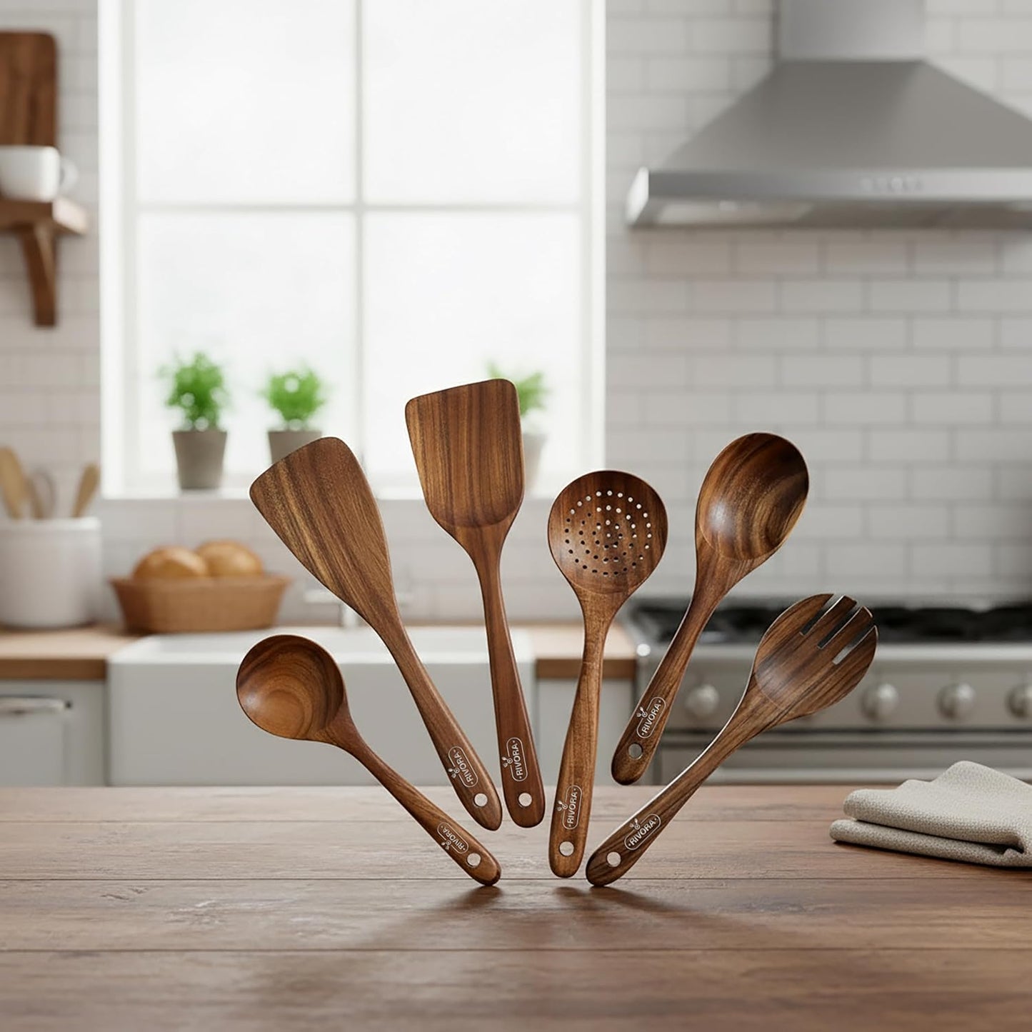 RIVORA Wooden Cooking Utensils Set, 6-Piece Teak Wood