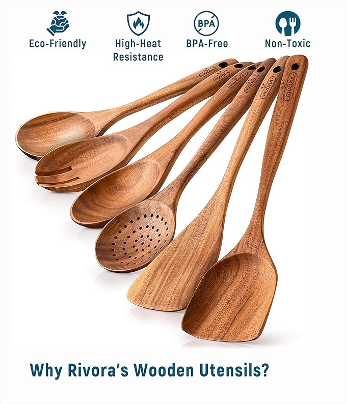 RIVORA Wooden Cooking Utensils Set, 6-Piece Teak Wood