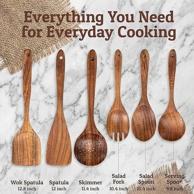 RIVORA Wooden Cooking Utensils Set, 6-Piece Teak Wood
