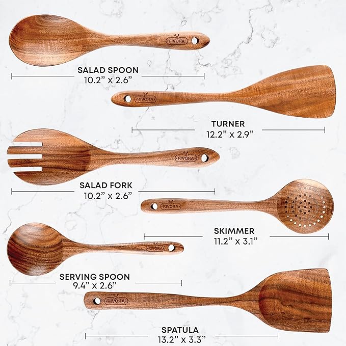 RIVORA Wooden Cooking Utensils Set, 6-Piece Teak Wood