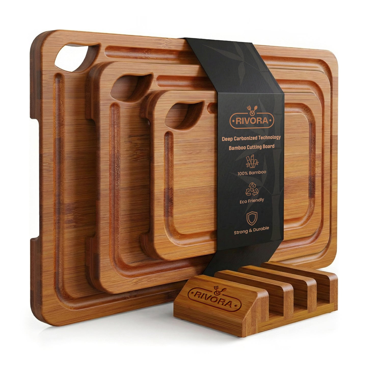 Rivora Premium Bamboo Cutting Board Set with Stand