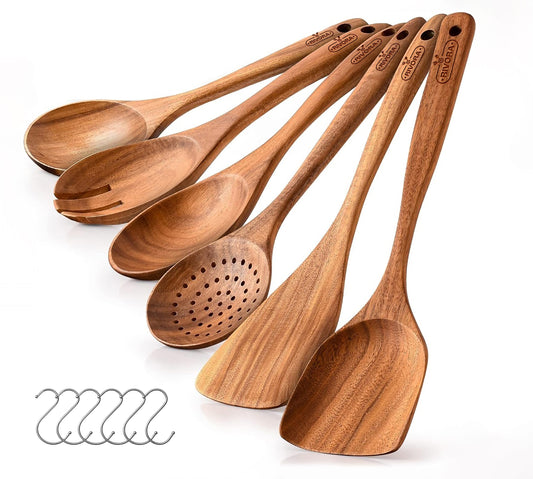 RIVORA Wooden Cooking Utensils Set, 6-Piece Teak Wood